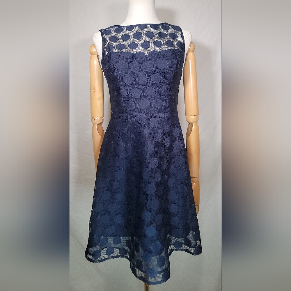 Betsey Johnson Illusion Navy Polka Dot Fit and Flare Party Dress